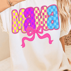 White Mama Checkered Bow Knot Print Crewneck T Shirt