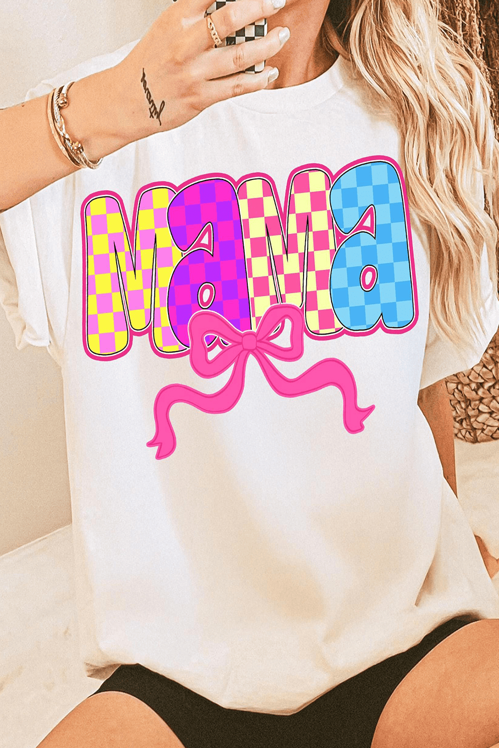 White Mama Checkered Bow Knot Print Crewneck T Shirt