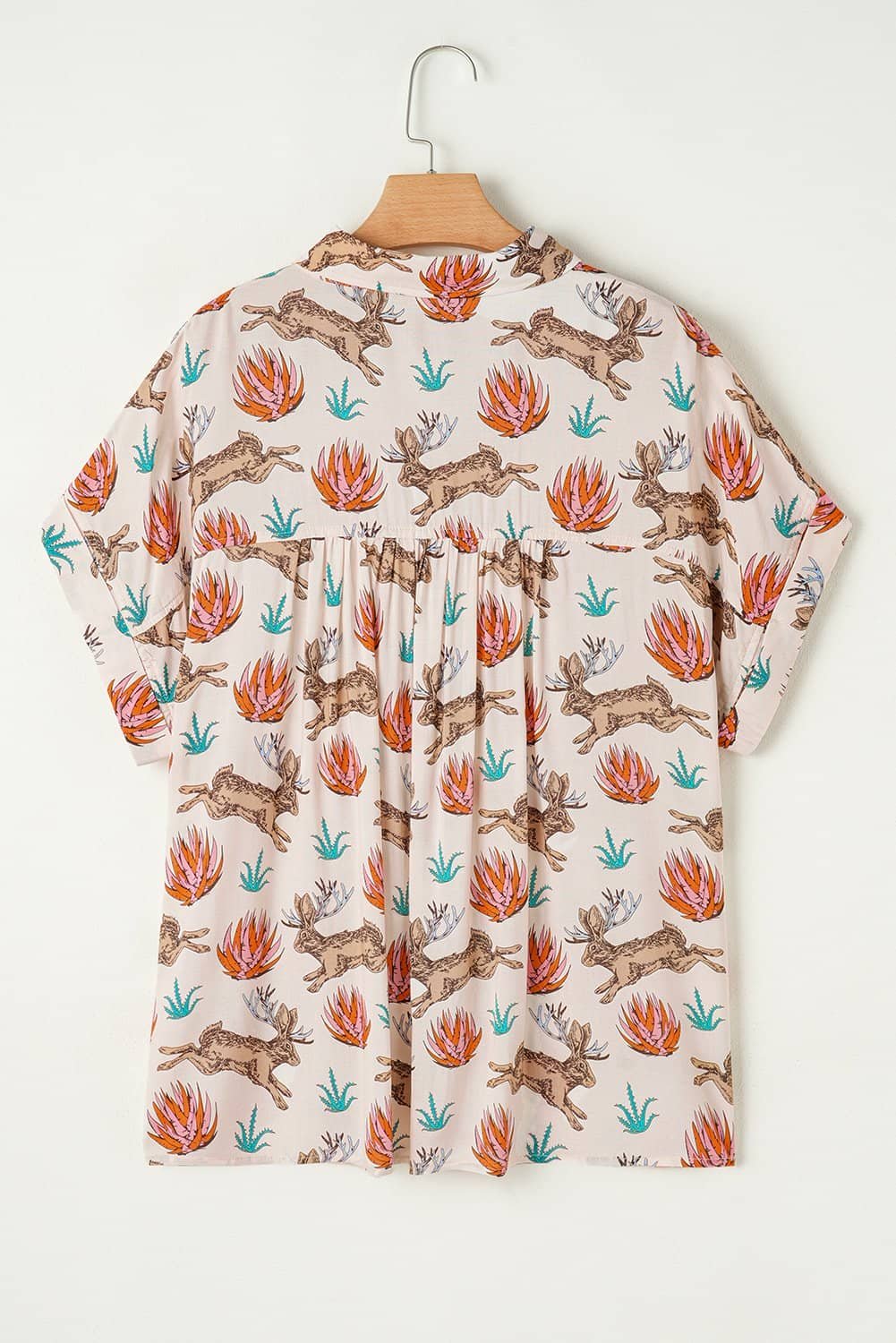 Khaki Plus Size Western Pattern Print Buttoned Short Sleeve Shirt