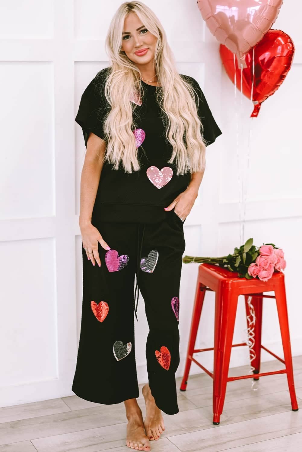 Black Sequin Heart Popping Graphic Textured 2Pcs Outfit