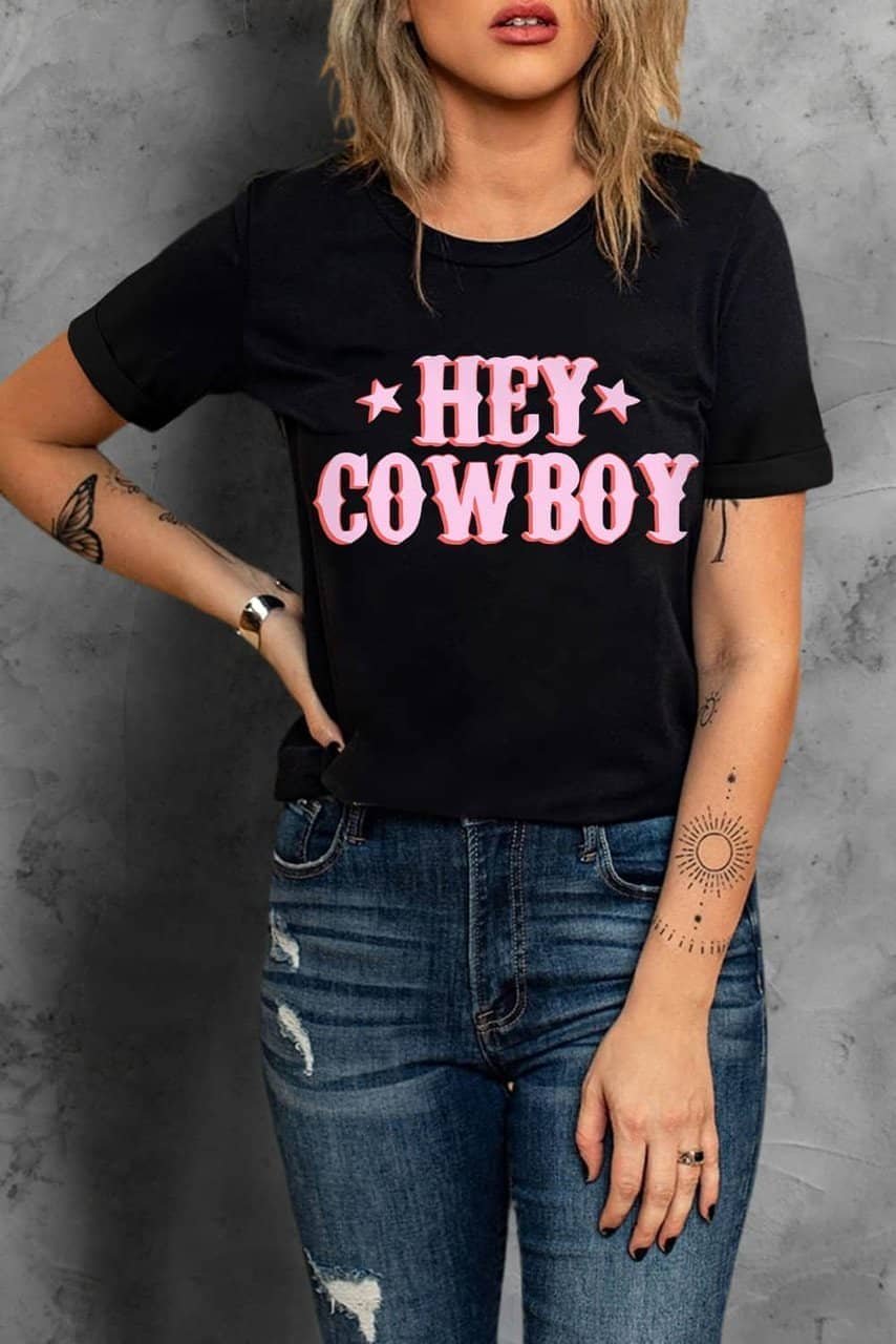 Black Hey Cowboy Letters Crew Neck T-Shirt