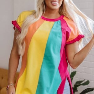 Rose Red Color Block Ruffled Crew Neck Loose Fit T Shirt