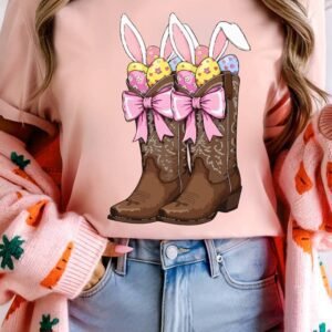 Pink Easter Eggs Bunny Ear Bow Boots Printed Tee