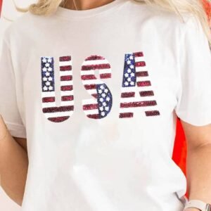 White Usa Flag Sequin Patched Round Neck T Shirt