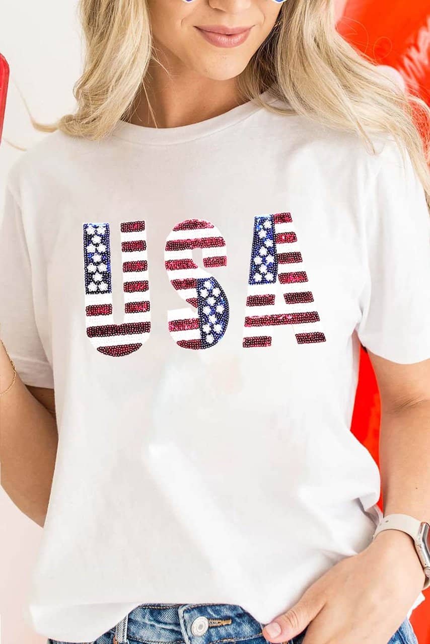 White Usa Flag Sequin Patched Round Neck T Shirt