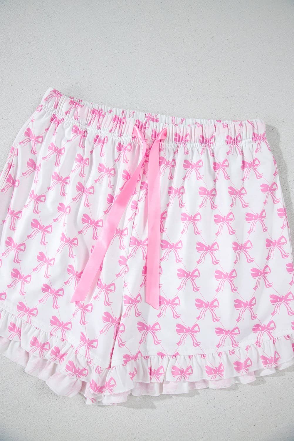 Pink Bowknot Printed Short Sleeve And Ruffled Shorts Valentines Pajama Set