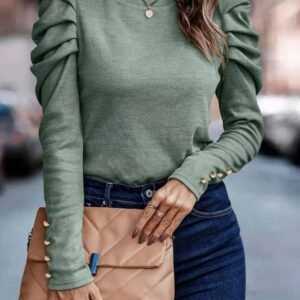 Green Buttoned Puff Long Sleeve Sheath Top