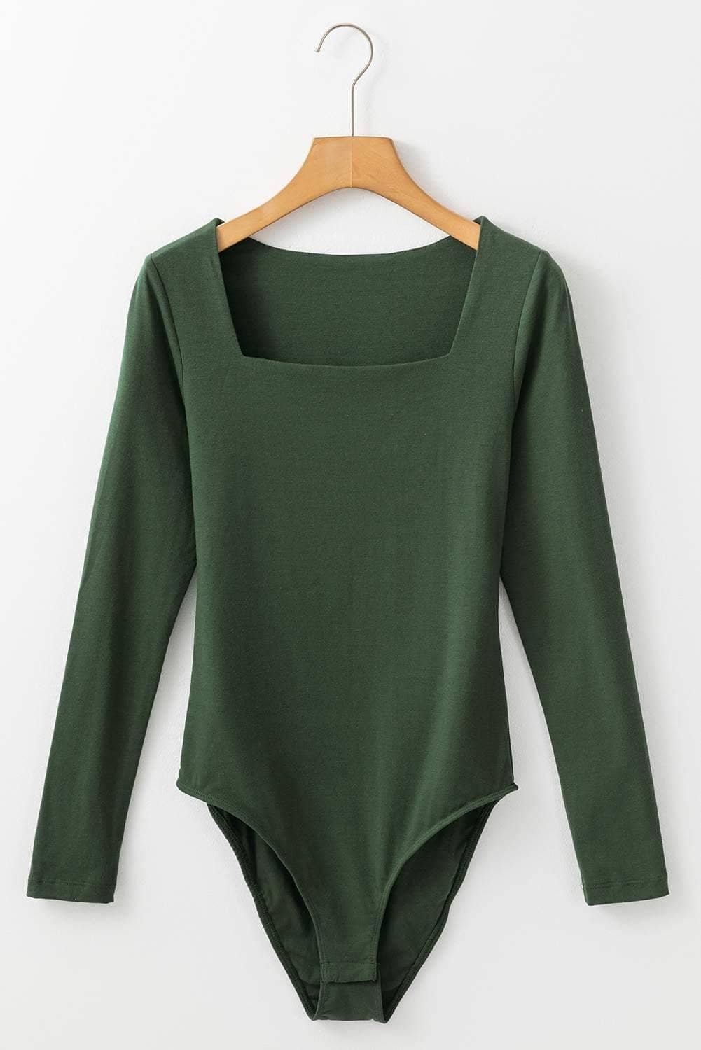 Blackish Green Solid Color Square Neck Long Sleeve Slim Fit Bodysuit