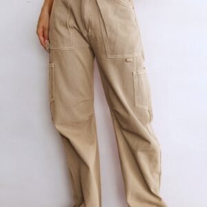 Khaki High Waist Straight Leg Cargo Pants With Pockets