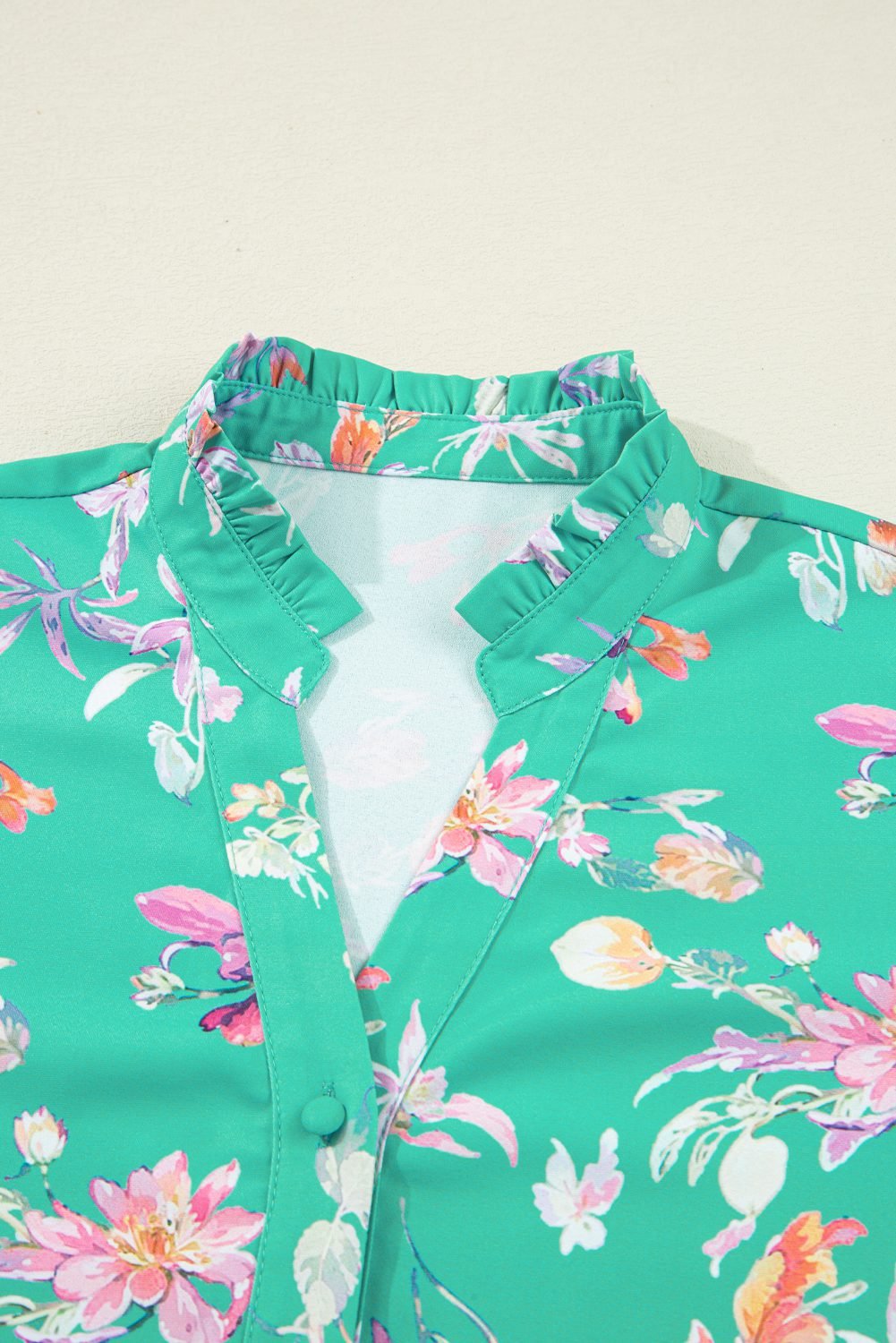 Green Floral Lantern Sleeve Button Front Shirt