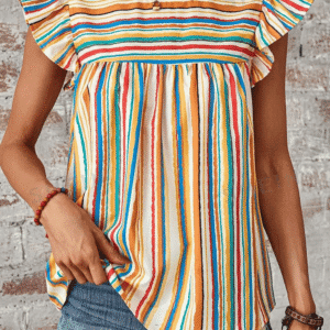 Multicolour Vibrant Stripes Printed Flutter Sleeve Babydoll Blouse