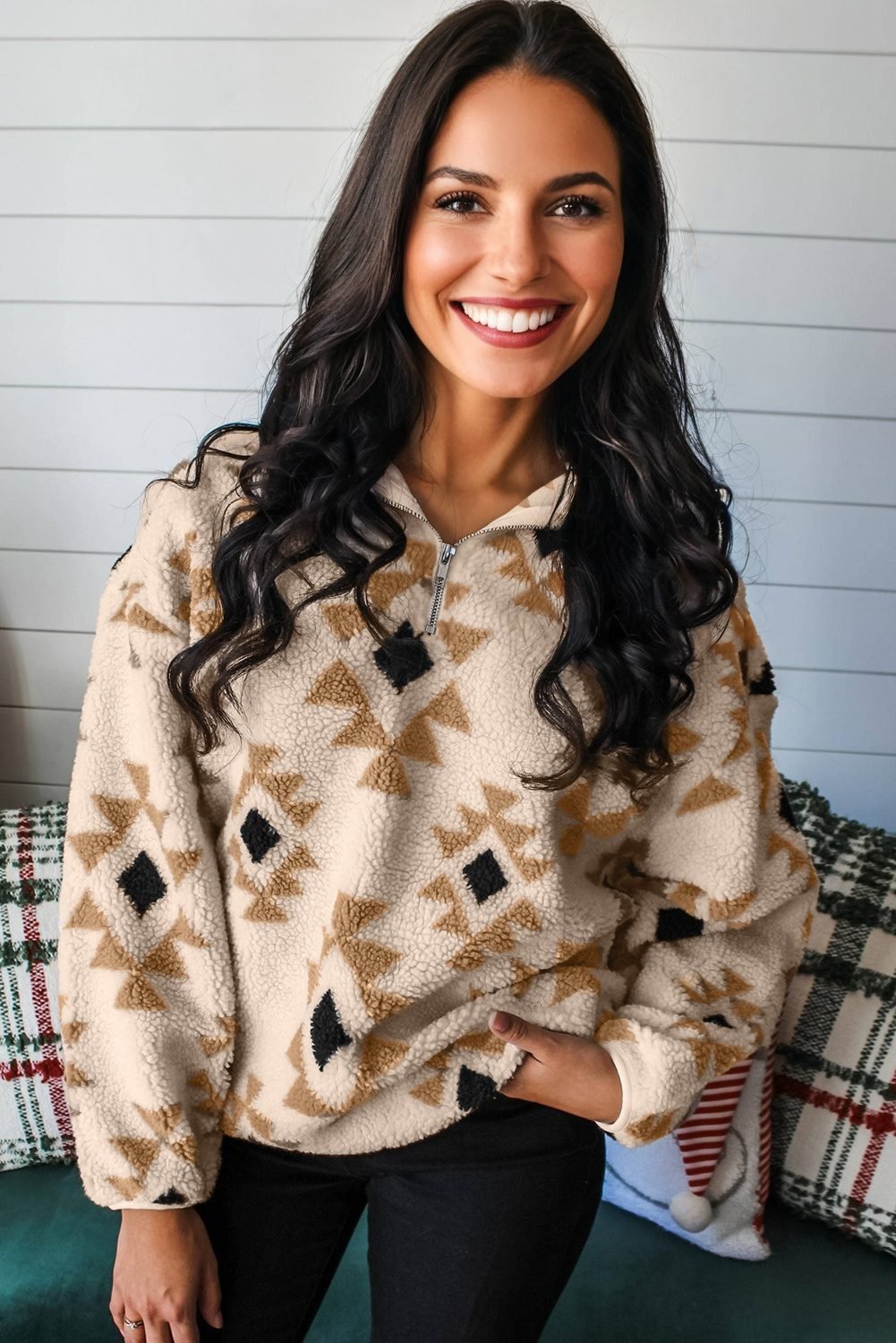 Khaki Aztec Print Sherpa Quarter Zip Collar Sweatshirt