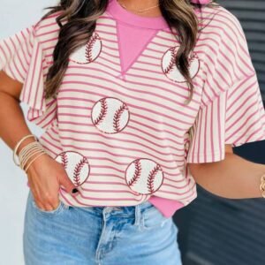 Sachet Pink Sequin Baseball Pattern Striped Ruffle Sleeve Round Neck Knit Top
