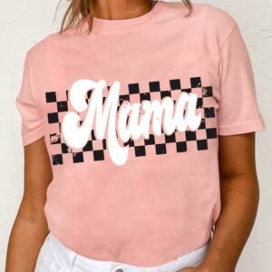 Pink Mama Checkered Print O Neck Casual T Shirt