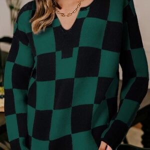 Green Checked Notched Neckline Drop Shoulder Knit Sweater