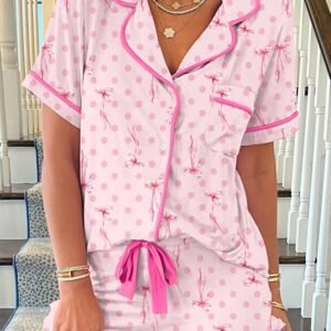 Pink Bow Print Contrast Pipping Short Pajamas Set