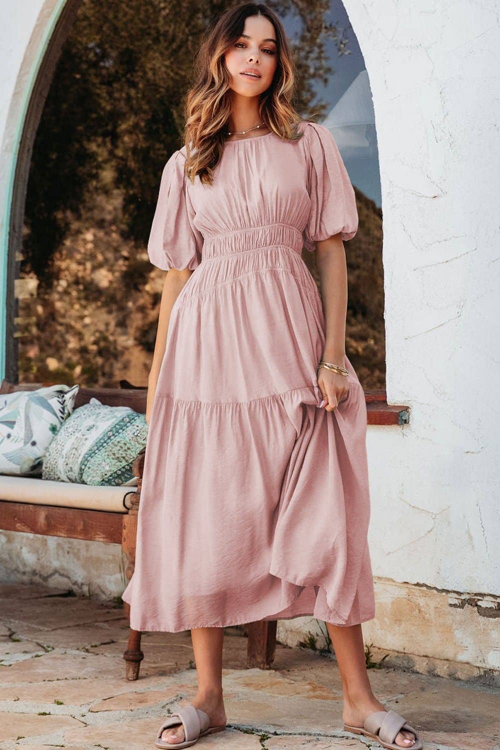 Pink Puff Sleeve Pleated High Waist Flowy Midi Dress