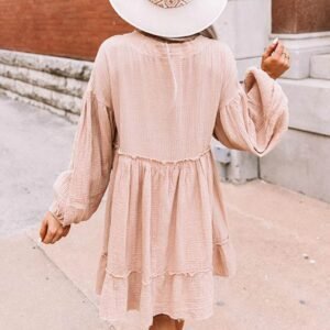 Oatmeal Crinkle Distressed Puff Sleeve Flared Dress