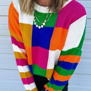 Orange Checkered Color Block Round Neck Loose Sweater