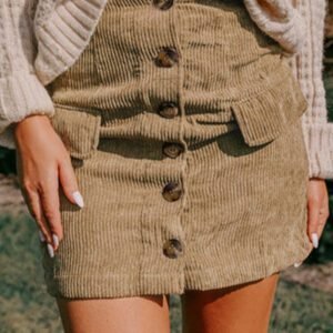 Camel Corduroy Buttoned Front Faux Pockets Mini Skirt