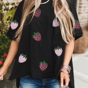 Black Sequin Strawberry Graphic High Low Relaxed Fit Tee