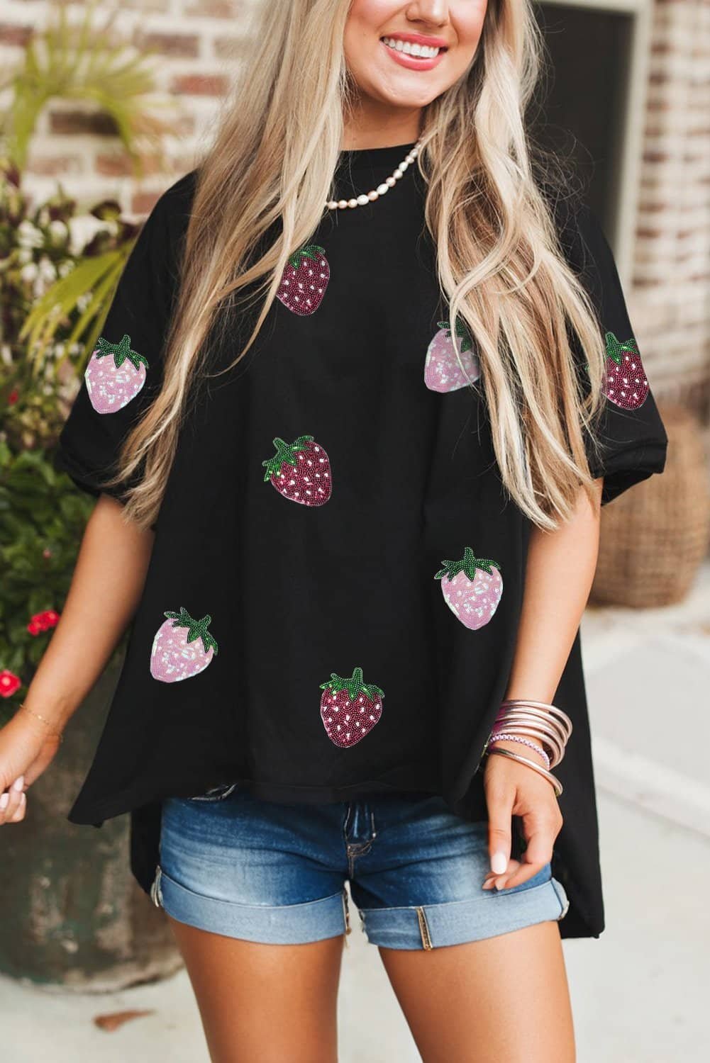 Black Sequin Strawberry Graphic High Low Relaxed Fit Tee