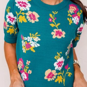Blue Flower Pattern Mock Neck Short Sleeve Knitted T Shirt