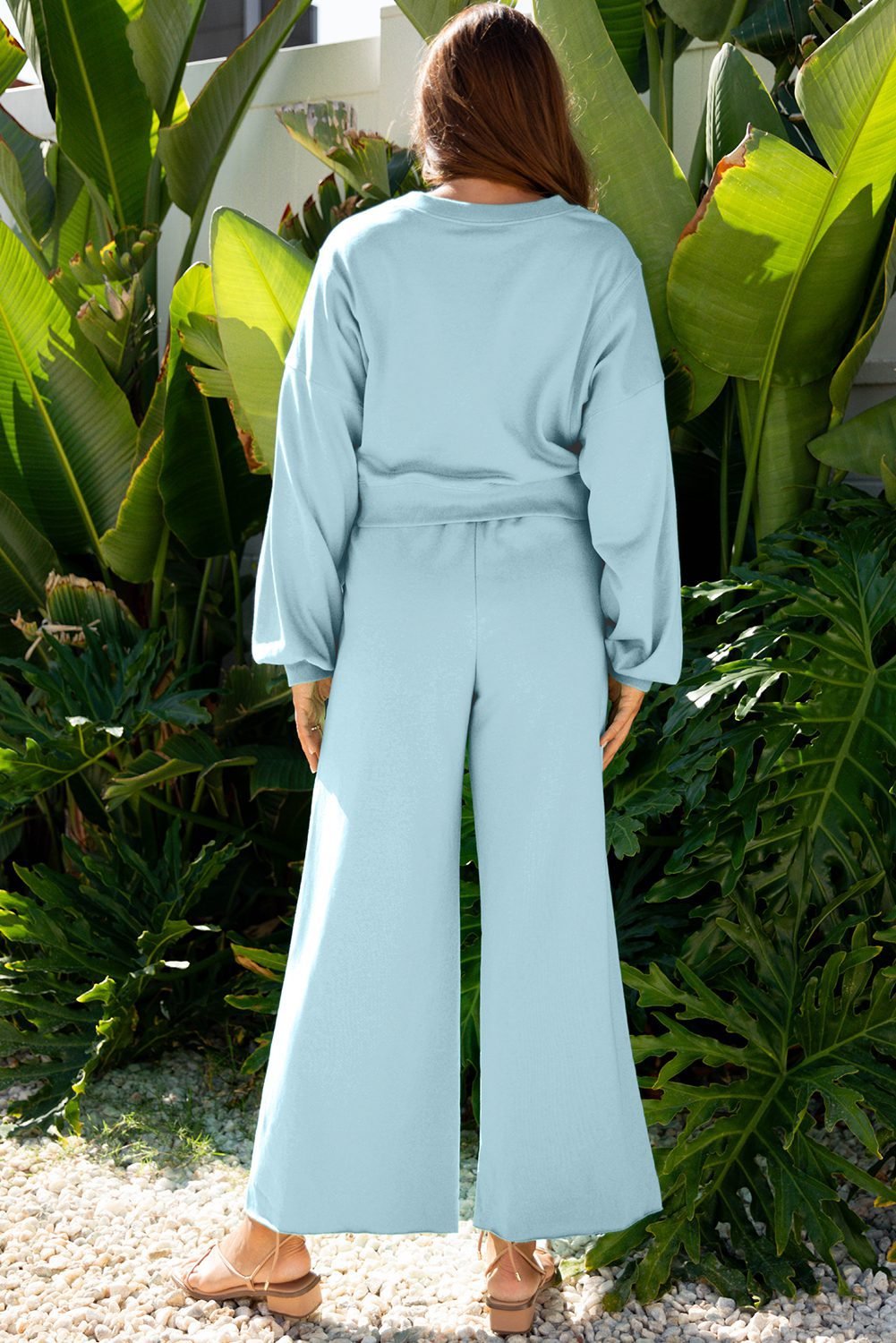 Mist Blue Drop Shoulder Puff Sleeve Crop Pullover Drawstring Wide Leg Pants Set