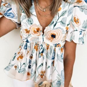 Green Floral Print Puff Sleeve V Neck Babydoll Blouse