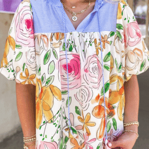 Multicolour Floral Print Striped Yoke Frilled V Neck Puff Short Sleeve Blouse