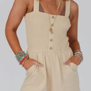 Beige Buttons Smocked Sleeveless Romper