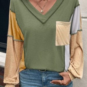 Jungle Green Exposed Stitching Colorblock V Neck Long Sleeve Top