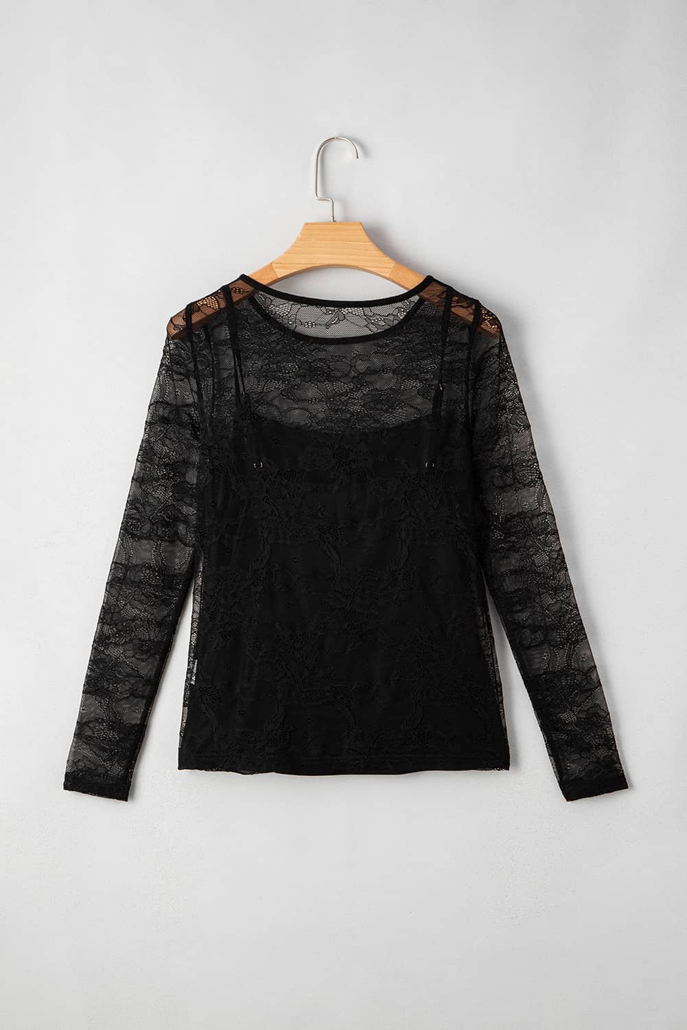 Black Lace Crochet Mesh Patched Slim Fit Long Sleeve Top
