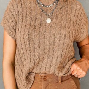 Light French Beige Crew Neck Cable Knit Short Sleeve Sweater