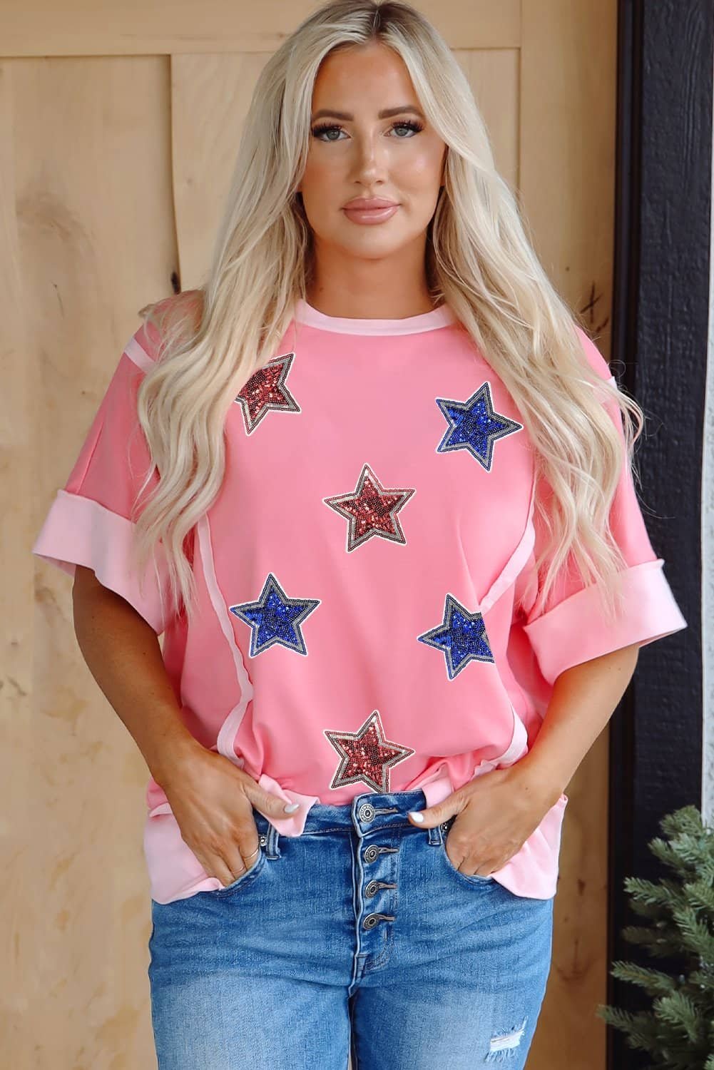 Peach Blossom Independence Day Sequin Star Graphic Contrast Patchwork Tee
