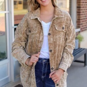 Khaki Vintage Distressed Mineral Wash Oversized Shacket