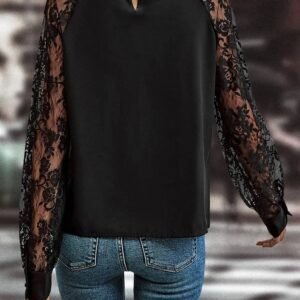 Black Keyhole Neckline Floral Lace Raglan Sleeve Blouse