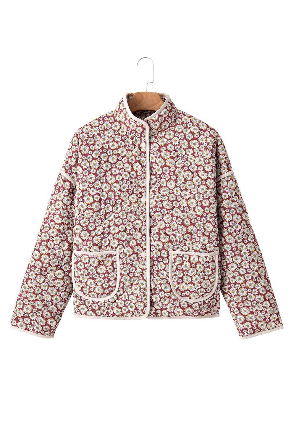 Pink Floral Print Contrast Edge Stand Neck Coat