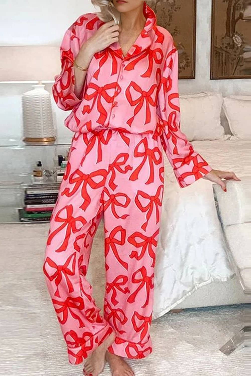 Pink 2Pcs Bow Print Shirt Style Long Sleeve Pajama Set