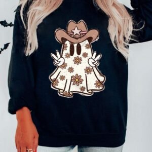 Black Halloween Floral Ghost Print Pullover Graphic Sweatshirt