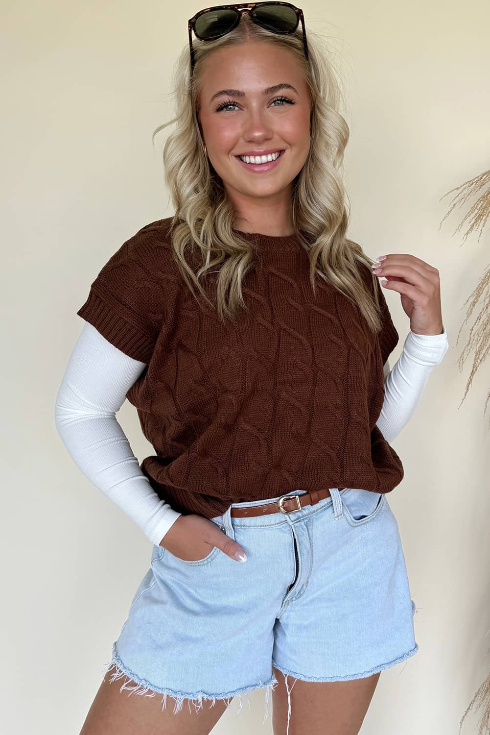 Dark Brown Cable Texture Crew Neck Short Sleeve Sweater Top