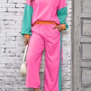 Rose Red 2Pcs Color Block Pullover Loose Pant Set