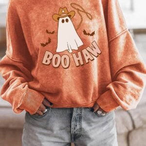 Orange Boo Haw Ghost Halloween Print Drop Sleeve Sweatshirt