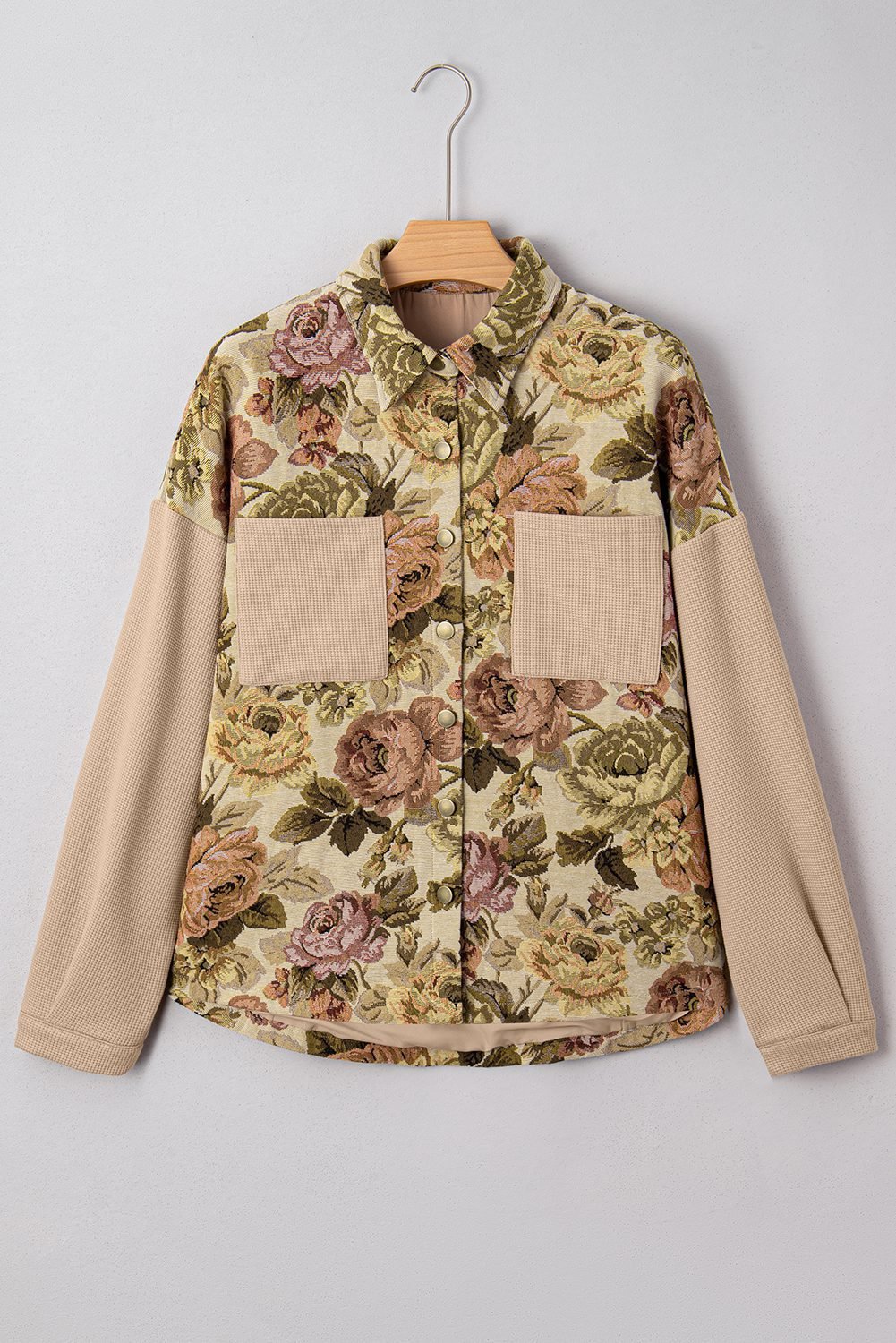 Khaki Floral Waffle Knit Patchwork Chest Pockets Buttoned Jacket