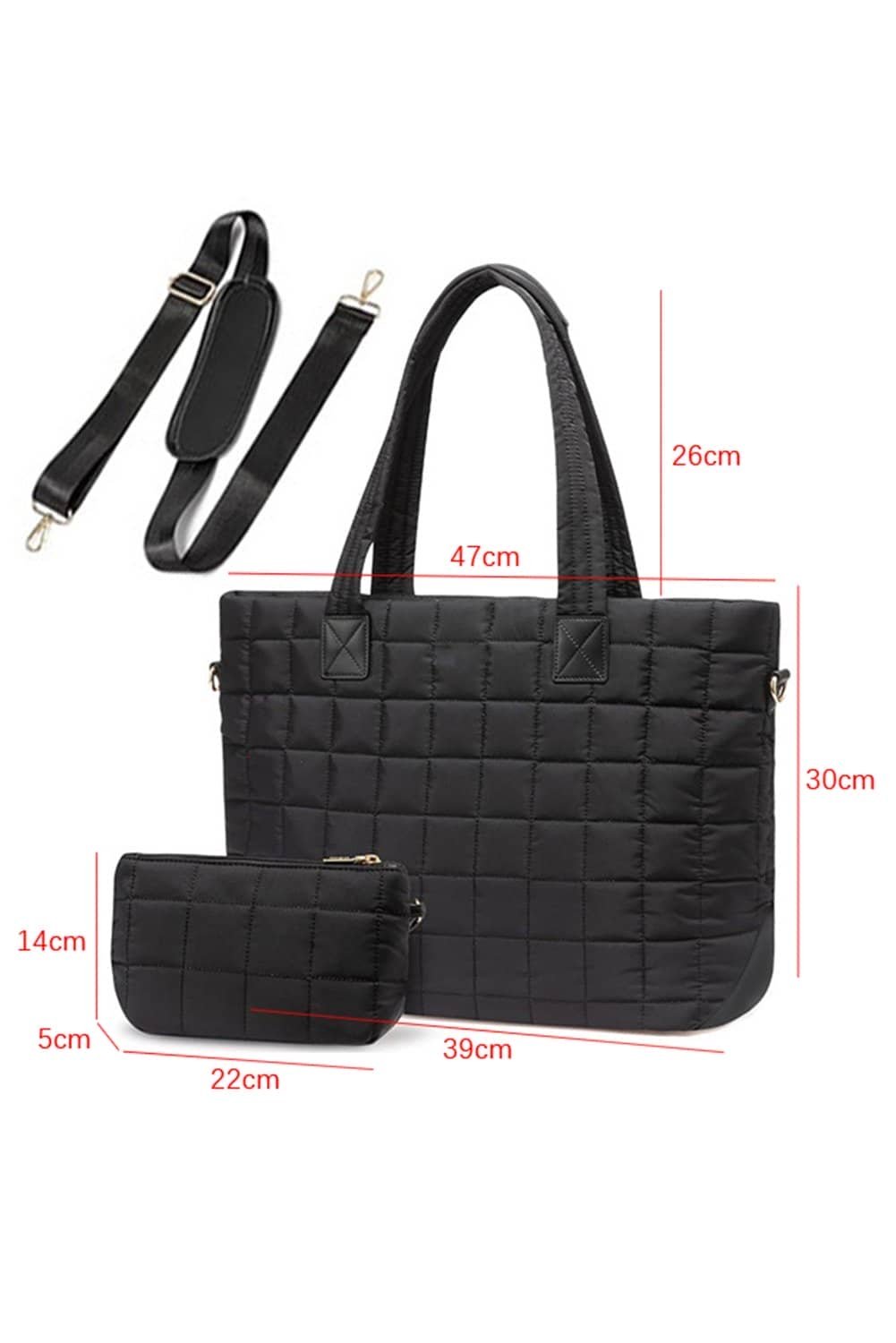 Black Quilted Patchwork Large Tote Bag And Clutch 2Pcs Set