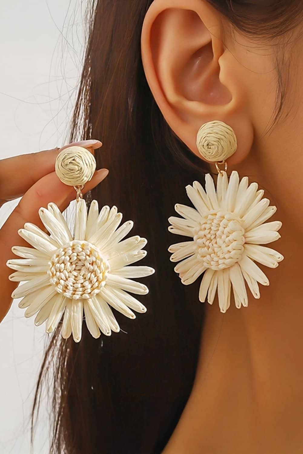 White Boho Raffia Crochet Sunflower Dangle Earrings