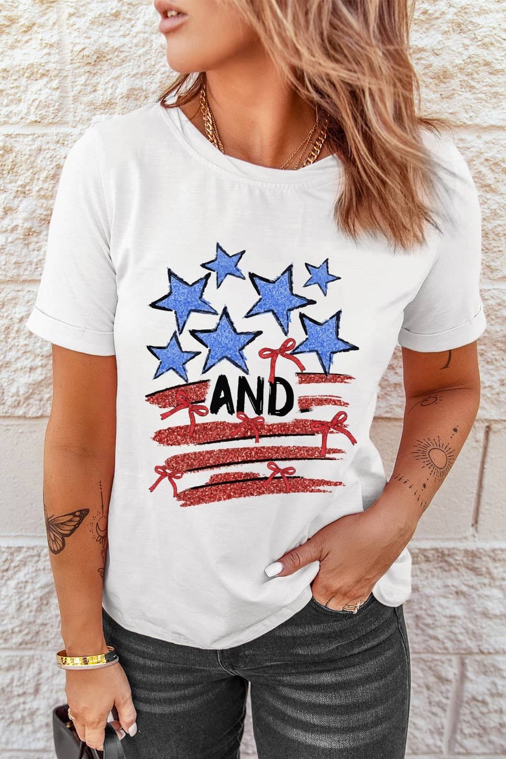 White Stars And Stripes Bow Graphic T Shirt