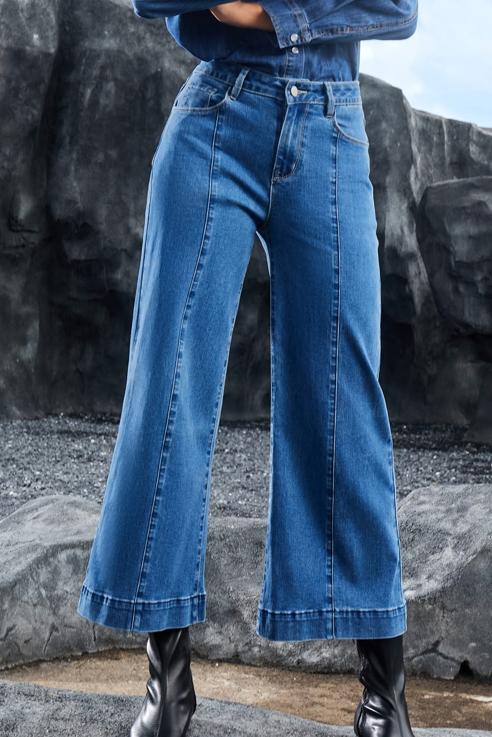 Dark Blue Plain Seam Detail Flared Bottom Ankle Length Jeans