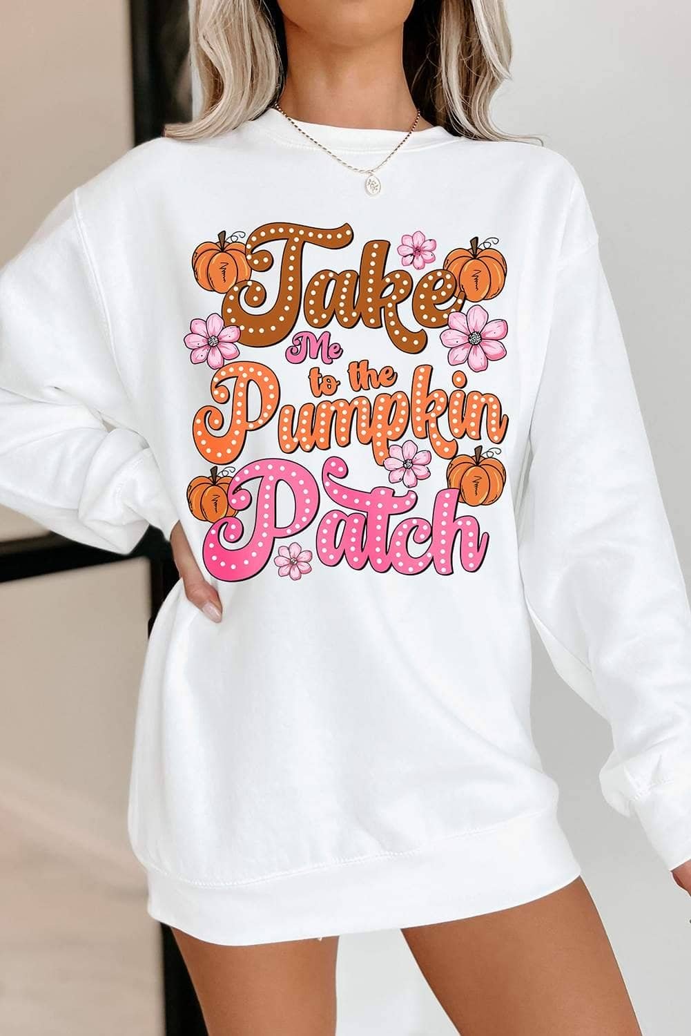 White Take Me To The Pumpkin Patch Floral Halloween Sweatshirt