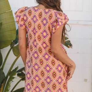 Orange Geometric Floral V Neck Buttoned Ruffled Sleeve Mini Dress